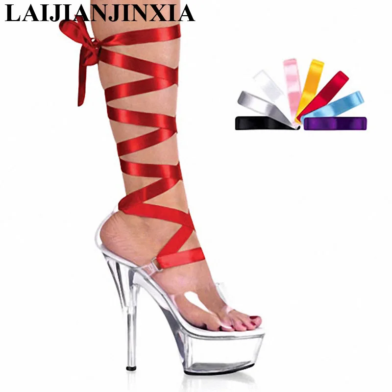 

LAIJIANJINXIA 15cm High Heels Women Nightclub Sexy Ribbon Sandals Clear Platform Shoes Dancing Shoes Open Toe Pole Dance Shoes
