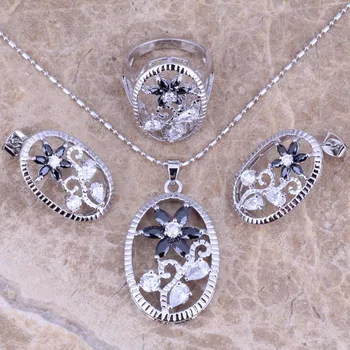 

Super Black Cubic Zirconia White CZ Silver Plated Jewelry Sets Earrings Pendant Ring Size 6 / 8 S0172