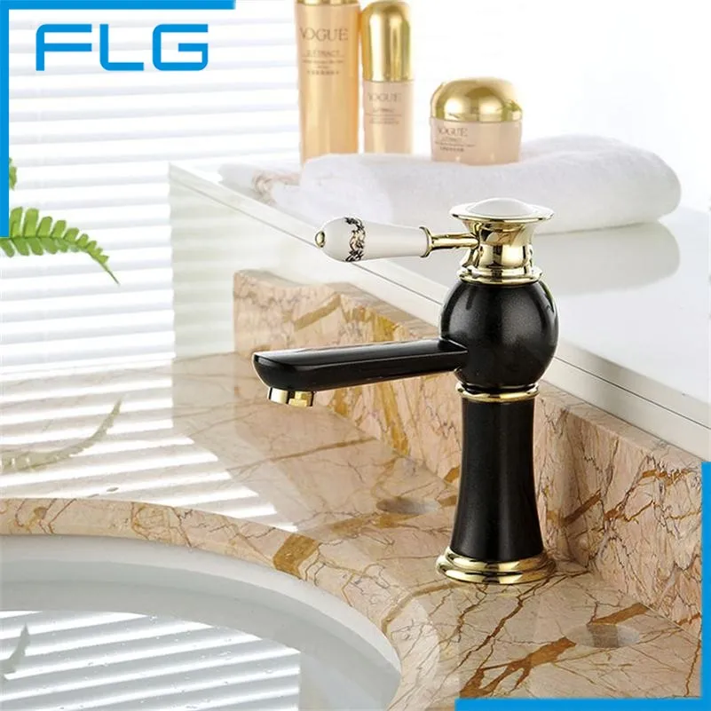 FLG Black Painting Bathroom Faucets, Single Handle Deck Mounted Basin Faucet, Blackened bath Sink Mixer Taps