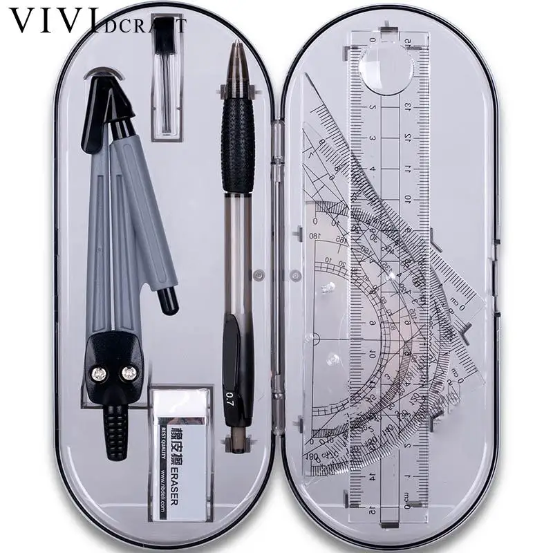 Vividcraft Plastic Math Set Compass+Ruler+Pen+Protractor Circle Drawing