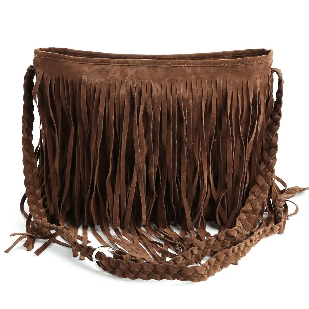 Fringe Tassel Faux Suede Shoulder Messenger Bag Women Handbag Brownbag