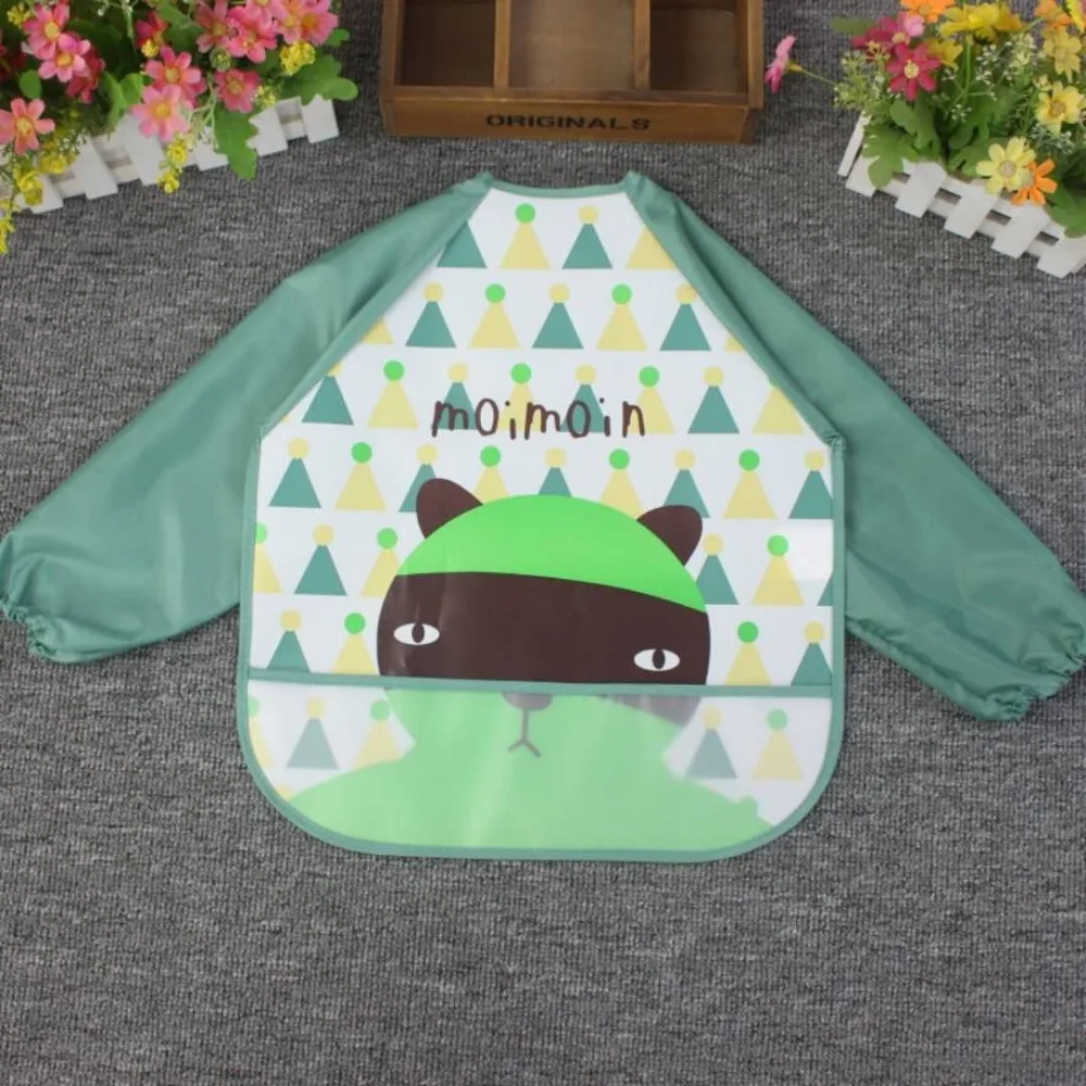 

Baby Toddler kids waterproof long sleeve bibs Apron Cartoon Feeding Smock Washable Easy Wear Toddler Bib with Pockets