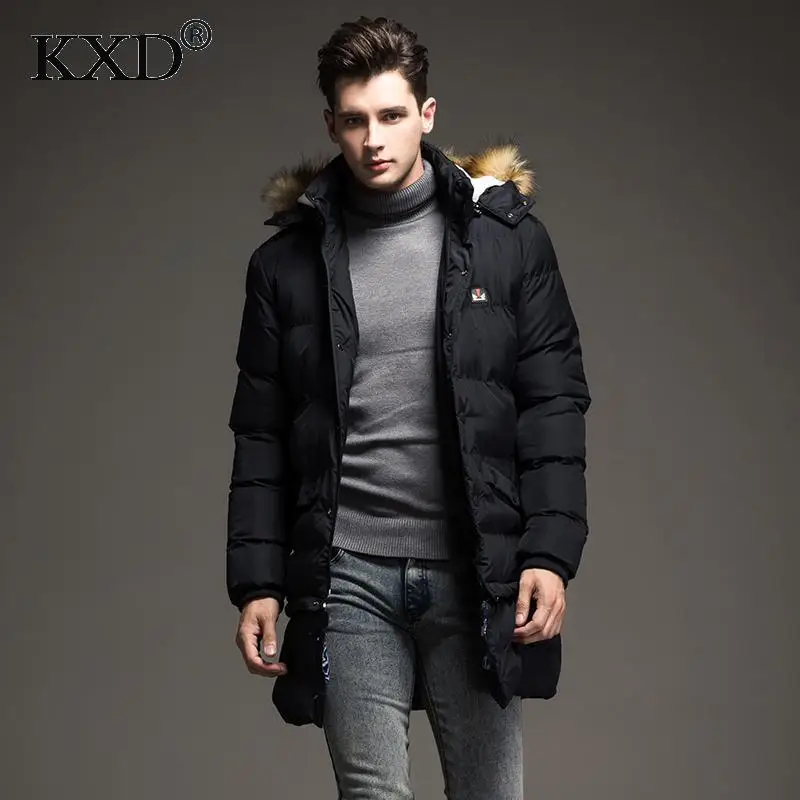 KXD Invierno hombre Largo Parkas Grueso Cuello de Piel Con