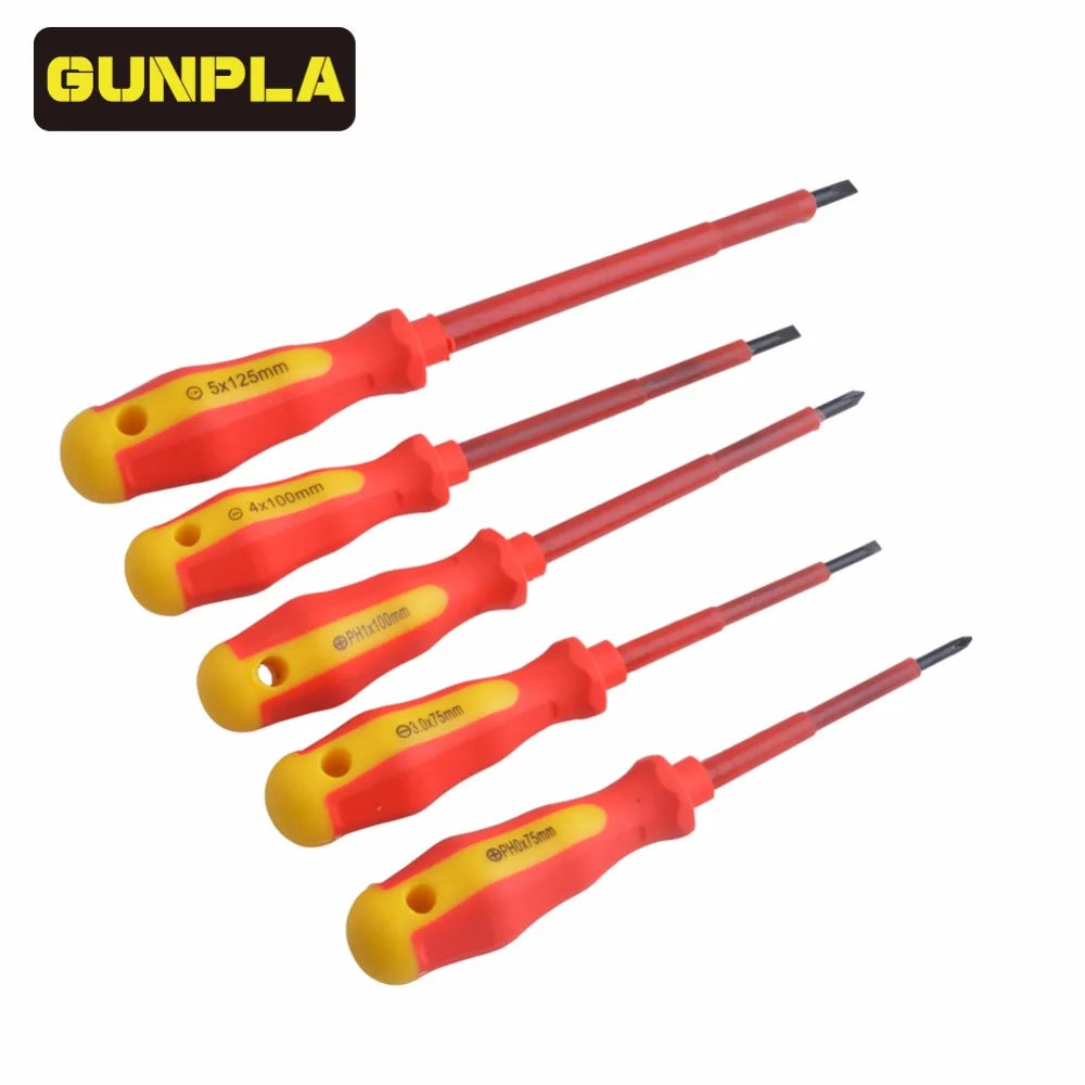 

5-Piece Insulated Magnetic CR-V Screwdriver Set VDE 1000V,PH0X75mm,PH1X100mm,SL3X75mm,SL4X100mm,SL5X125mm