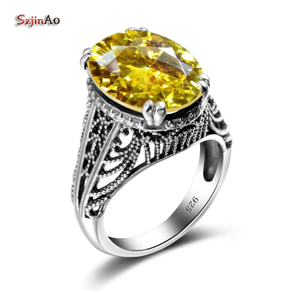 

Szjinao Big Promotion Oval Jewelry Wedding Ring Ethnic Yellow Pattern Crystal Ring Women's Silver Communion Gifts