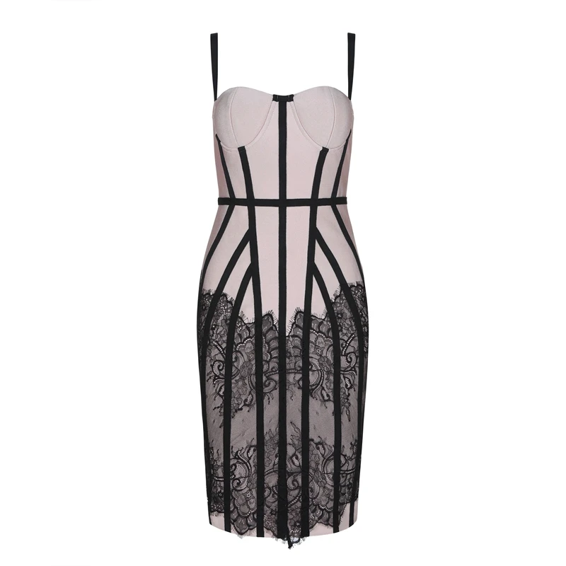 Элегантное сексуальное бежевое с черным кружевом модное Бандажное платье с открытой спиной Спагетти ремень Лоскутные Клубные вечерние платья