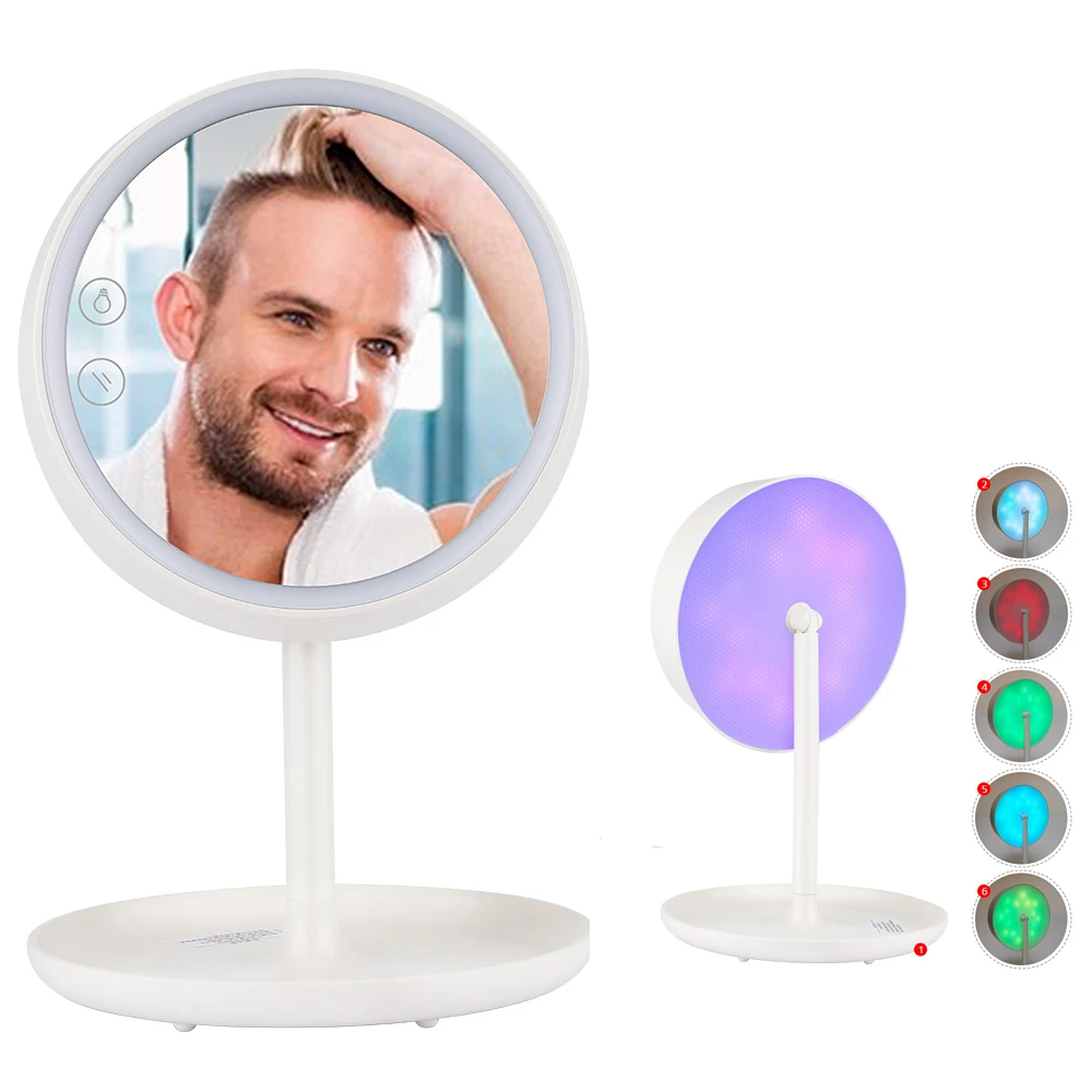 

Rechargeable LED Touch Screen Makeup Mirror LED Lighted Table Desktop Cosmetic Round Vanity 180 Rotation With 6 Color Backlight