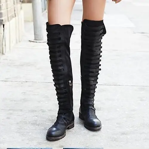 2016 Autumn Winter Hot Fashion Knee High Motorcycle Boots Retro Fashion Boots Women Flat Side Zip Old Suede Booties Brand Shoes