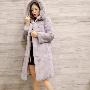 

95 cm Long Real Fox Fur Collar Hooded Natural Rabbit Fur Coats Outerwear Women Fashion Genuine Leather Fur Jackets Autumn Winter