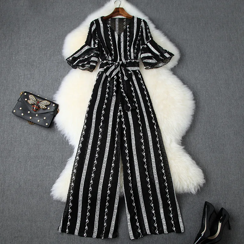 

Pant Suits 2019 Spring Summer New Office Lady Flocking Flare Sleeves Top + Embroidered Stripes Elastic Waist Wide Leg Long Pants