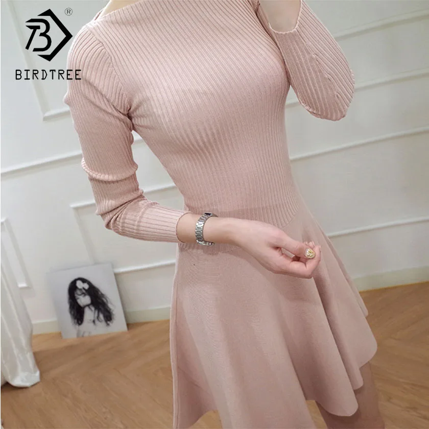 

Spring Women Solid Slash Neck Knitting A Line Dress Long Sleeve Elegance High Waist Slim Office Lady Short Dress Hots D91213I