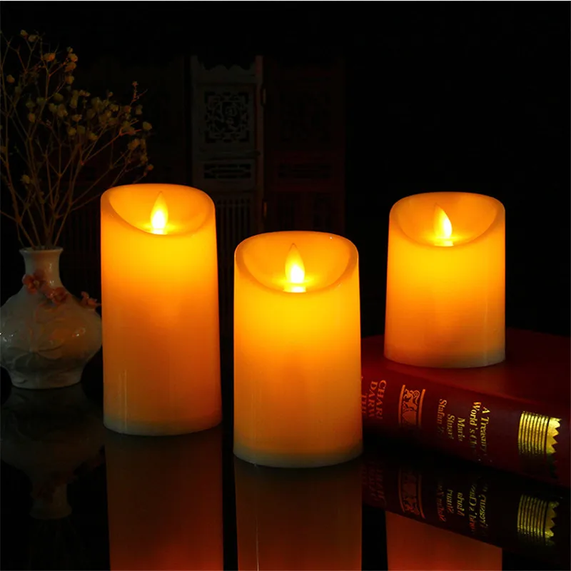 Набор из 3 предметов желтого цвета беспламенного светодиодные свечи столба, 3*4/5/6 движущихся фитиль Танцы пламени Батарея управляемая свечи, свечи для Хэллоуина