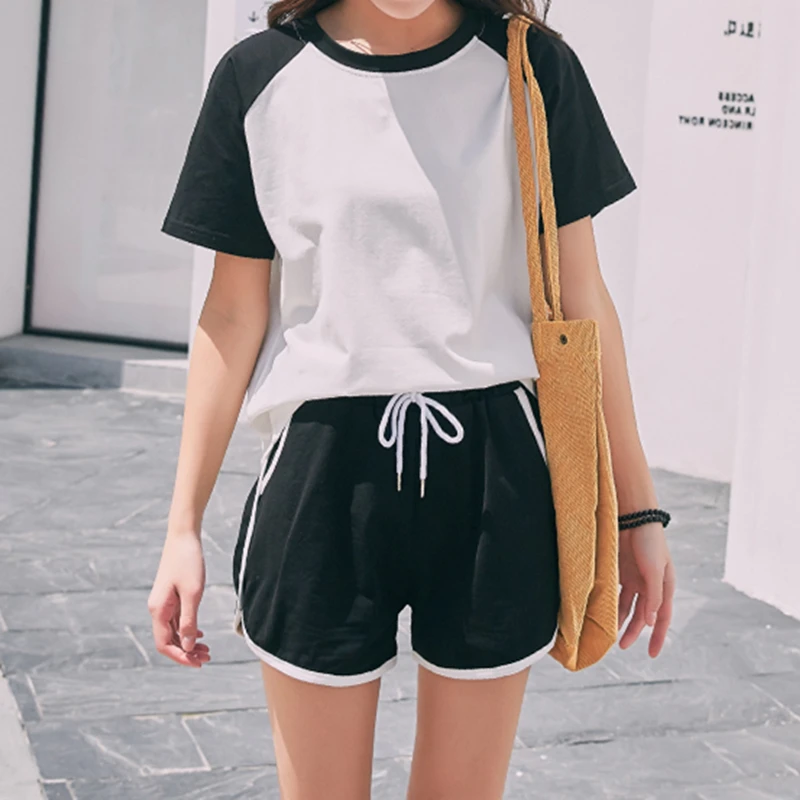 

Summer 2 Piece Set Women Suit Casual Sportswear Short-sleeved T-shirt Top+short Pants Patchwork High Waist Tracksuit Wome G500