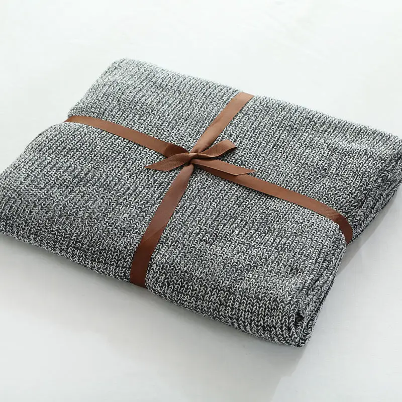 

100% Pure Cotton Solid Color Gray Fish Bone Pattern Knitted Blanket Bed / Sofa / Travel Breathable Portable