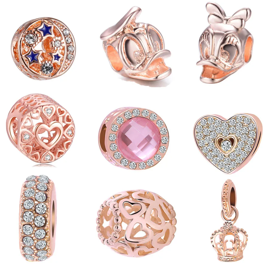 

Free Shipping rose gold color Bead Sparkling Night Sky heart duck Charm Fit Original Pandora Bracelet Necklace DIY Women Jewelry