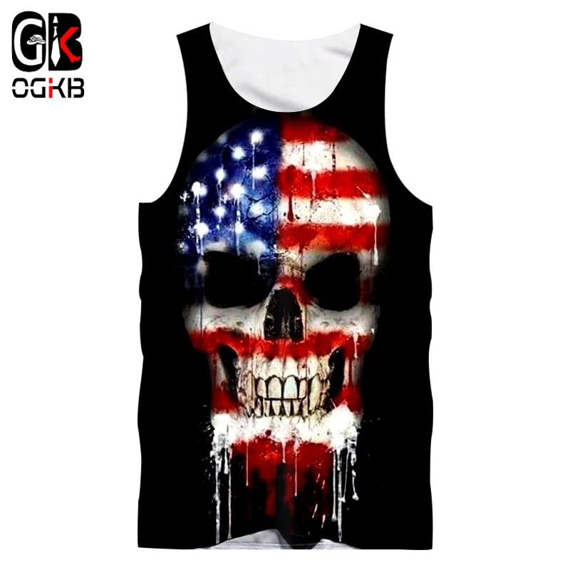 

OGKB Summer Tops Men's 3D Print American Flag Hombre Singlets Cool Skull Vest Mens Clothes Hiphop Sleeveless Stringer Vest 5XL