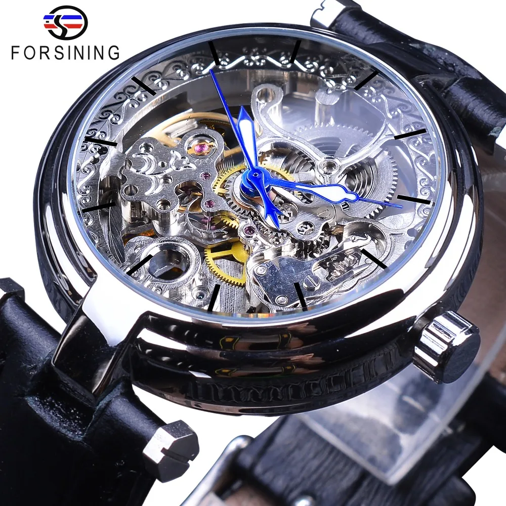 Forsining Fashion Silver Movement Skeleton Watches Blue Luminous Hands Leather Men's Mechanical Wristwatch Waterproof Male Clock