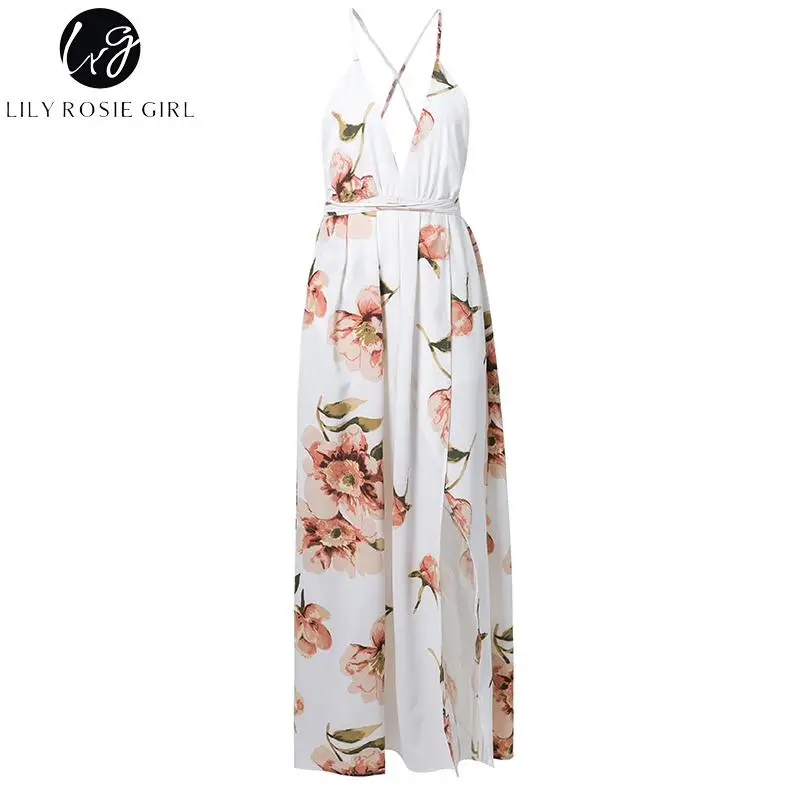 Conmoto Длинное платье в стиле бохо с цветочным принтом, сексуальное пляжное платье с открытой спиной и глубоким v-образным вырезом, летние платья с разрезом, платье со шнуровкой - Цвет: White