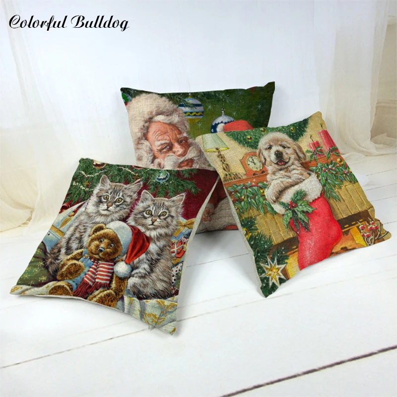 251 25 De Réductionoffre Spéciale Housse De Coussin De Noël Motif Dessin Animé Père Noël Chien Chat Renne Lune Noël Chapeau Décor Maison Partie