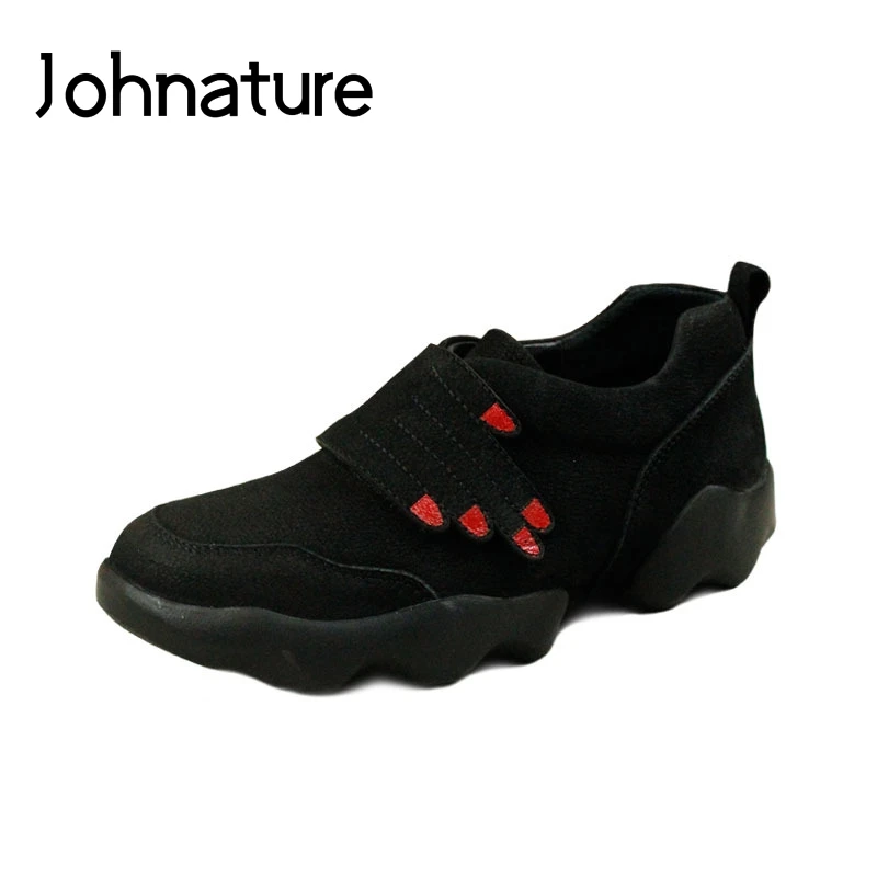 

Johnature 2019 New Spring/autumn Genuine Leather Casual Solid Round Toe Hook & Loop Flat Platform Retro Women Shoes