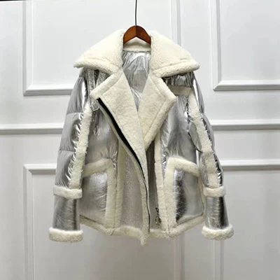 Новая модная шуба из натурального овечьего меха, теплая модная кожаная куртка из овчины с пуховиками размера плюс - Цвет: silvery