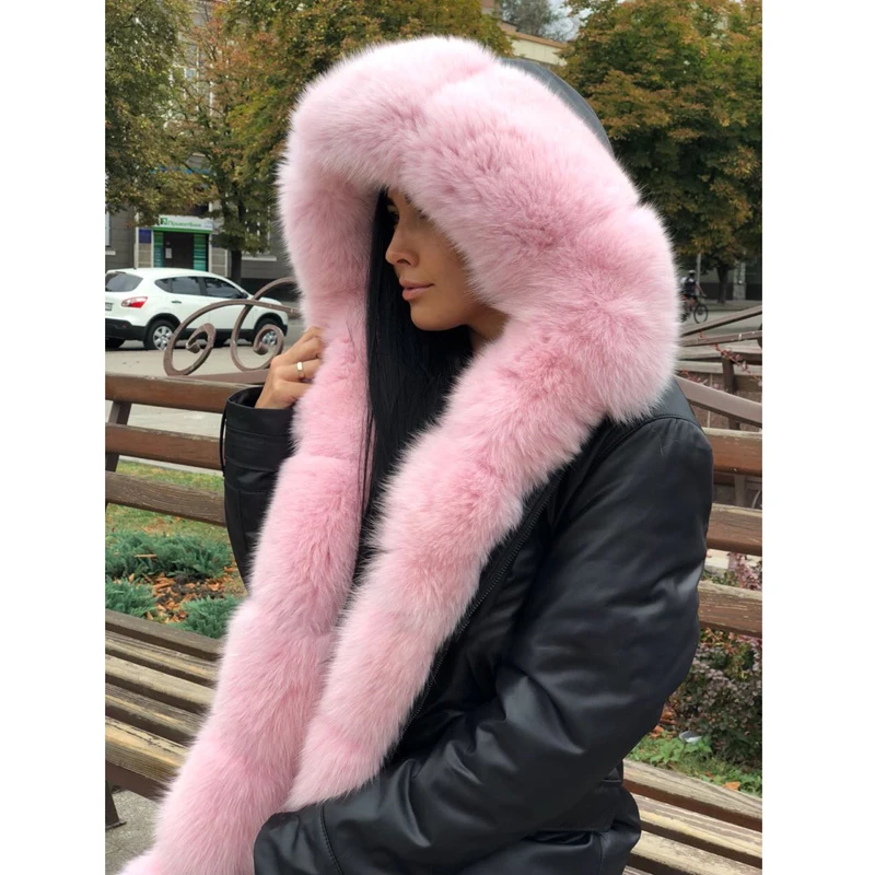 CKMORLS/Новинка, парка с натуральным мехом для женщин, зимняя куртка с розовым лисьим меховым воротником, плотное теплое пальто, черная верхняя одежда, пальто с кроличьим мехом