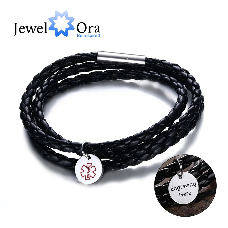 

Medical Alert ID Bracelet Personalized Engraved Name PU Leather Jewelry Stainless Steel Bracelets & Bangles (JewelOra BA102230)