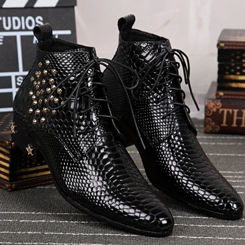 Christia Bella Brand Italian Men Shoes Genuine Leather Snakeskin Ankle Boots Business Wedding Men Dress Shoes Black Cowboy Boots