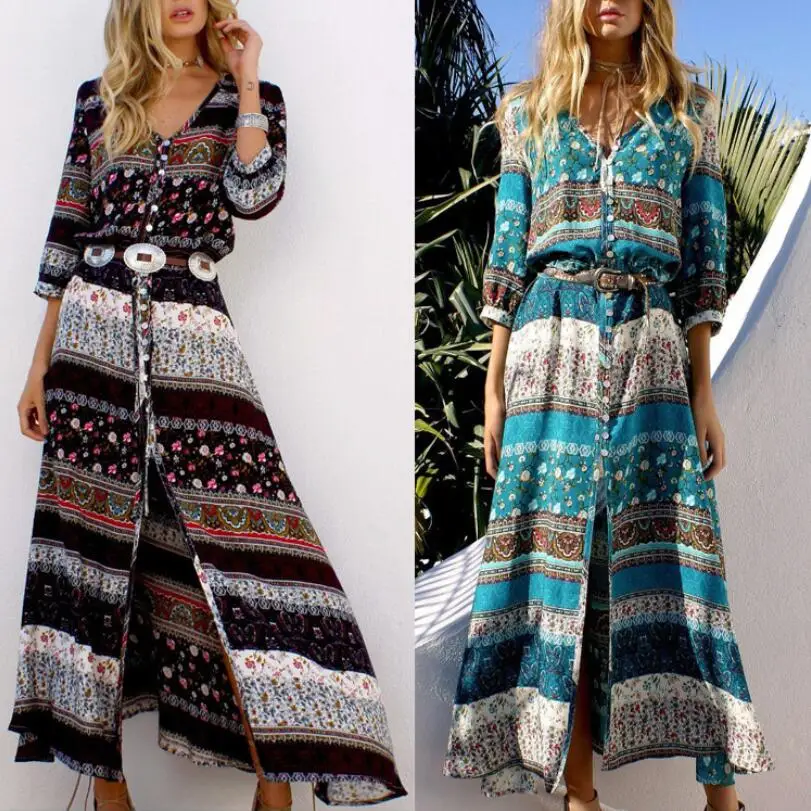 

2019 new Bohemian printing long dress women maxi long dress floral print retro hippie vestidos chic brand clothing boho dress