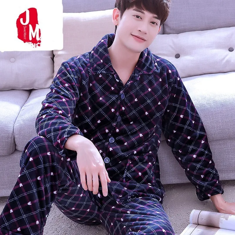 

Men Pajama Sets Winter Flannel Warm Thick Men Sleepwear Suit Autumn Long Sleeve Coral Fleece Coral Fleece Sleep Pyjama Male XXXL