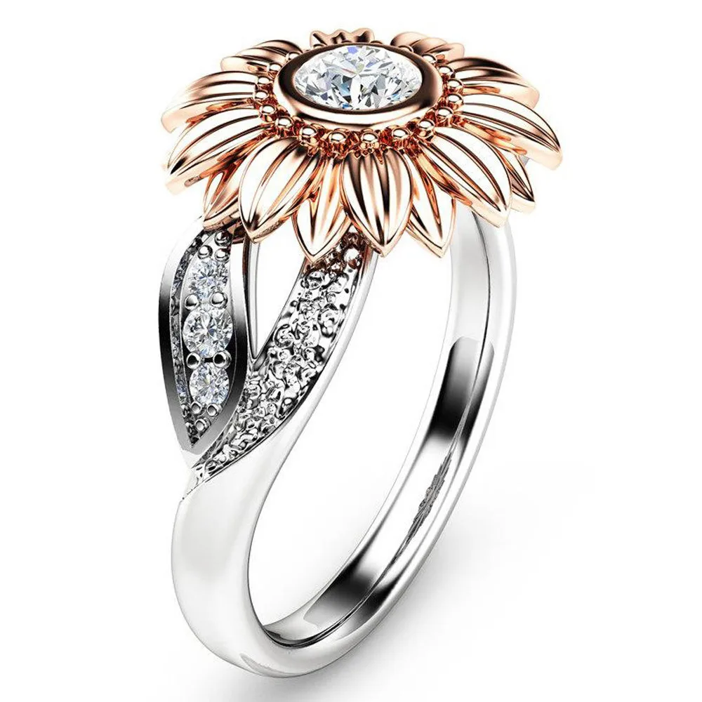 2019 Exquisite Crystal Rose Gold Sunflower Rings Silver Color Cubic