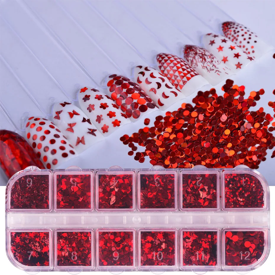 12 дизайнерских сеток, красные блестки для ногтей, хлопья, звезда, круглая бабочка, треугольник, цветок, блестка, советы для маникюра, украшения для ногтей JI027