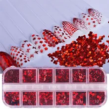 12 дизайнерских сеток, красные блестки для ногтей, хлопья, звезда, круглая бабочка, треугольник, цветок, блестка, советы для маникюра, украшения для ногтей JI027