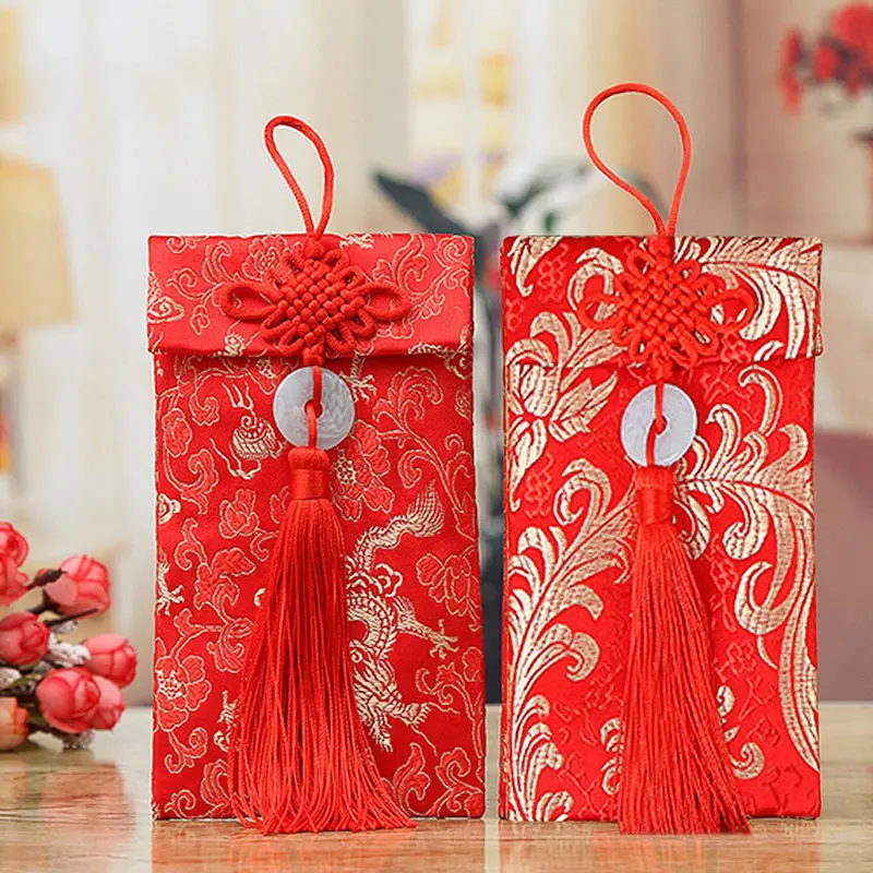 Китайский узел Дракон Феникс узор Деньги пакеты парчи красные конверты изысканный Весенний фестиваль Лучшие пожелания Свадебный Кошелек