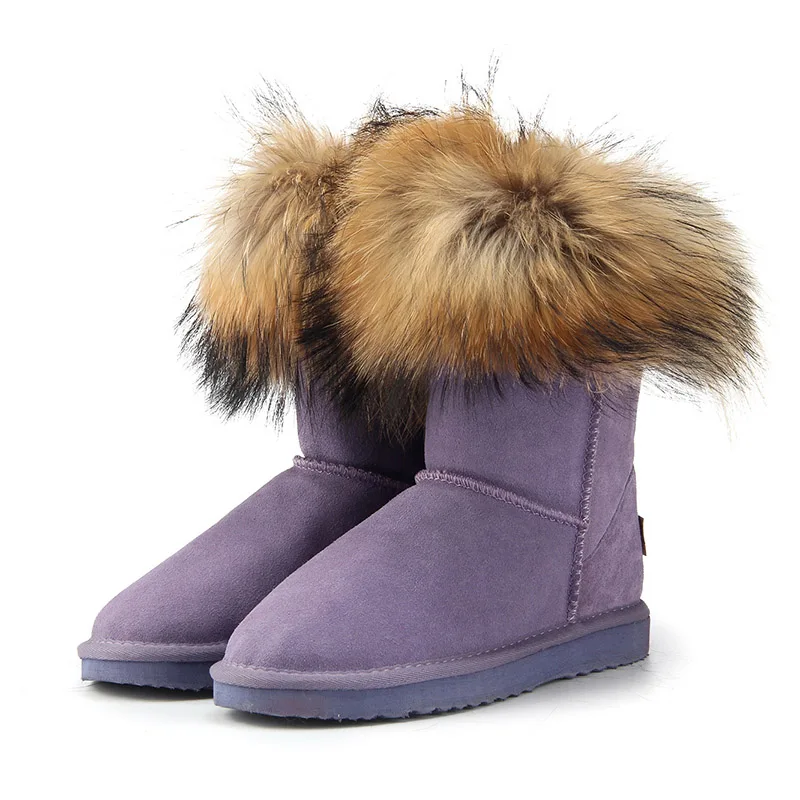 MBR FORCE Fashion Women's Natural Real fox Fur Snow Boots Genuine Cow Leather women Boots Female Warm Winter Boots Shoes - Цвет: Purple