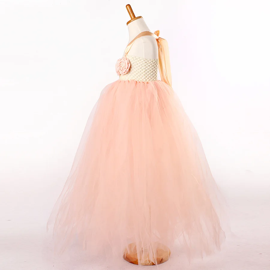 Girls Princess Peach Flowers Tutu Dress Children Summer Fancy Ankle Length (12)