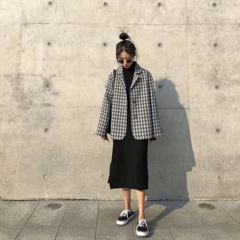 DICLOUD Harajuku клетчатые пальто женские осенние винтажные свободные куртки женские топы с длинными рукавами женские корейские короткие пальто женские зимние