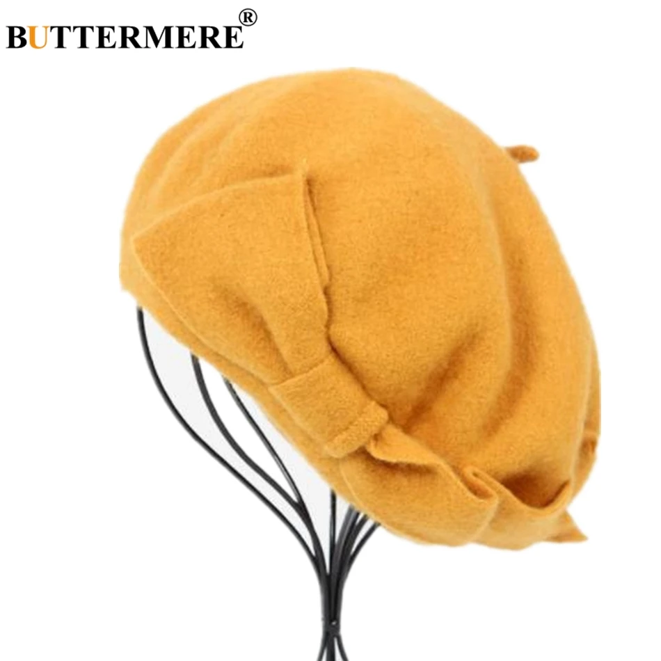 Online BUTTERMERE boina francesa sombrero mujer Lana gorro de boina amarillo Otoño Invierno lazo cálido lana elegante señoras sólido coreano pintor sombrero