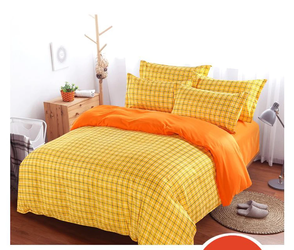 

British Style Brand Logo Yellow Plaid Stripes Bedding Set Famous Bed Linen Bedclothes 3-4pcs Duvet Cover Bed Sheet Pillow Cases