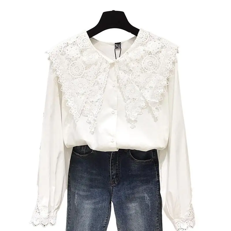 

Women 2019 New Spring Autumn Lace Stitching Doll Collar Shirt Female Long Sleeve Solid Blouse Ladies Chic Bottoming Shirt V884
