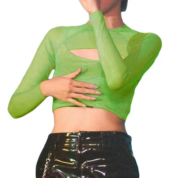 

2018 New Fashion Sexy Women See through Lace Mesh Sheer Long Sleeve Crop Top Shirt Blouse