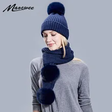 Теплые женские зимние шапки, шарфы, вязаный шарф и шапка, комплект в британском стиле, шерстяная вязаная шапка Raccoo, Лисий мех, помпон, шапка, шарф