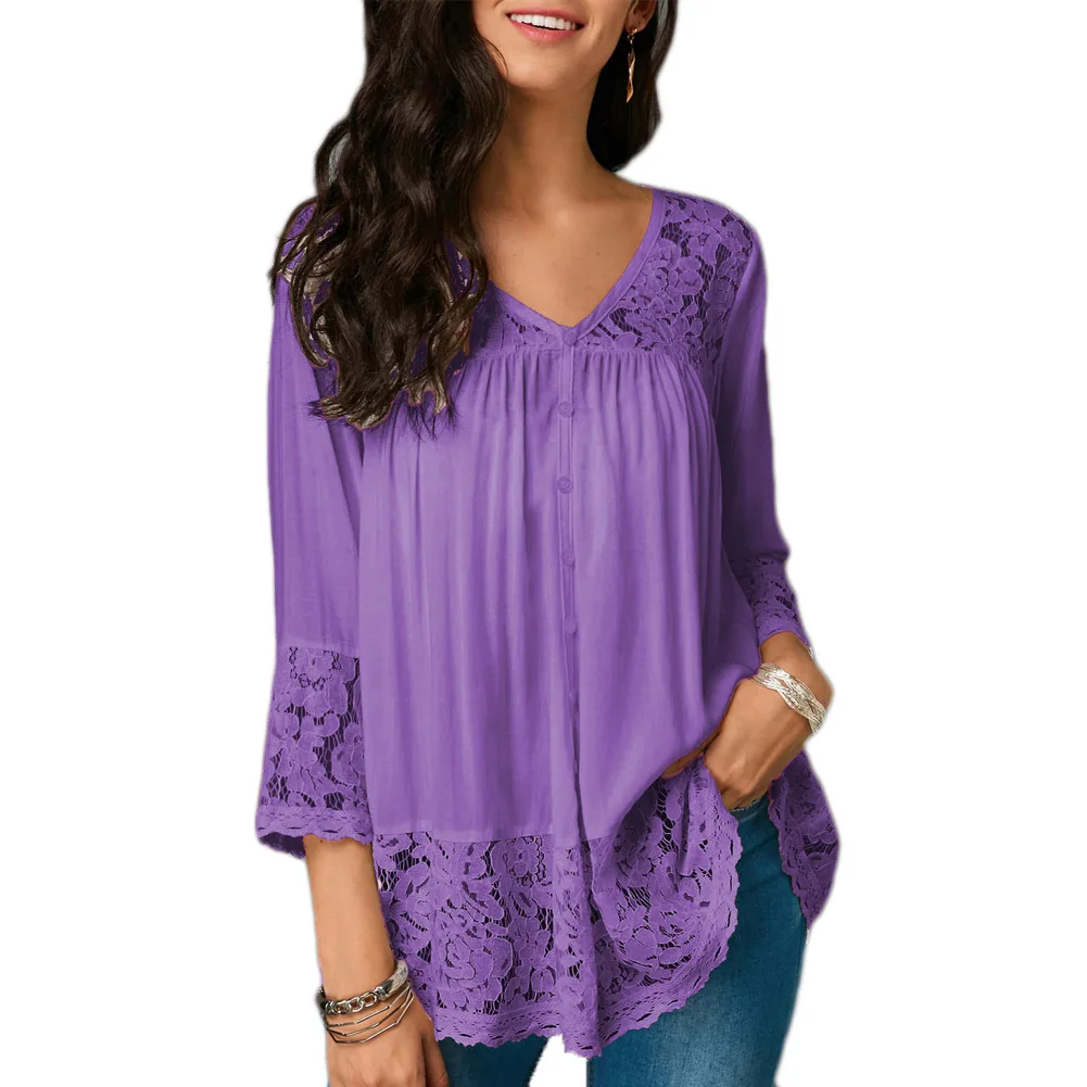 2018 New Fall Women'S Blouse 3/4 Sleeve Lace V Neck Baggy Blouse Lady