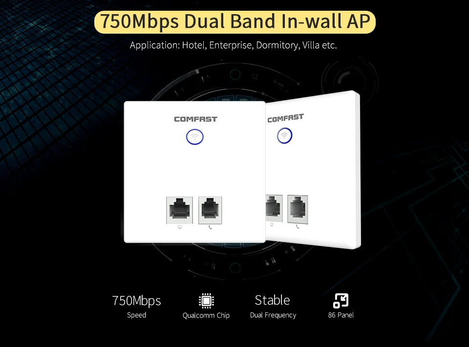 750 Мбит/с беспроводной в стене AP 5,8G+ 2,4 ГГц Двухдиапазонная точка доступа AP для отеля с 2* RJ11 WAN LAN RJ45 порт 48 в POE ac wifi маршрутизатор