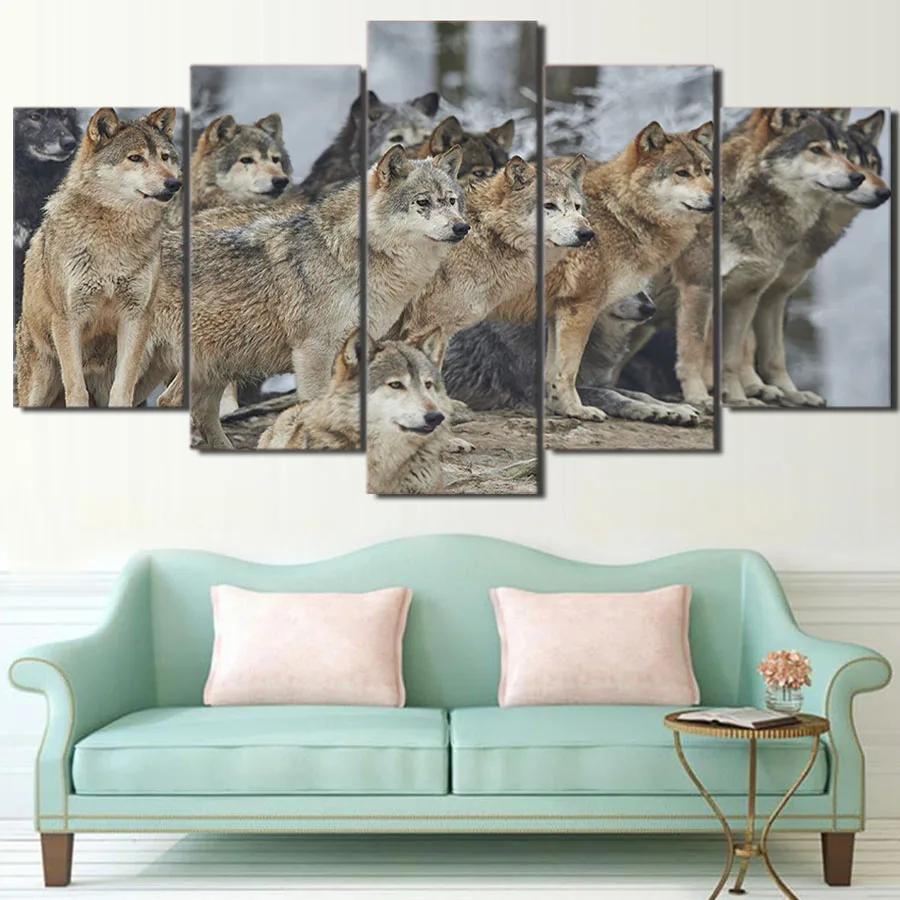 5 Pieces Canvas Art Painting Printed Brown Wolf Group Wall Art Print Framed Canvas Painting Home