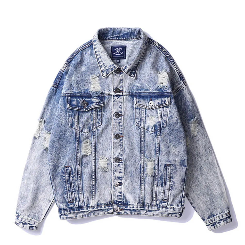 

Plus Size Retro High Street Kanye West Hole Washed Hole Denim Jacket Loose Men's Windbreaker Clothes Mens Jackets and Coats