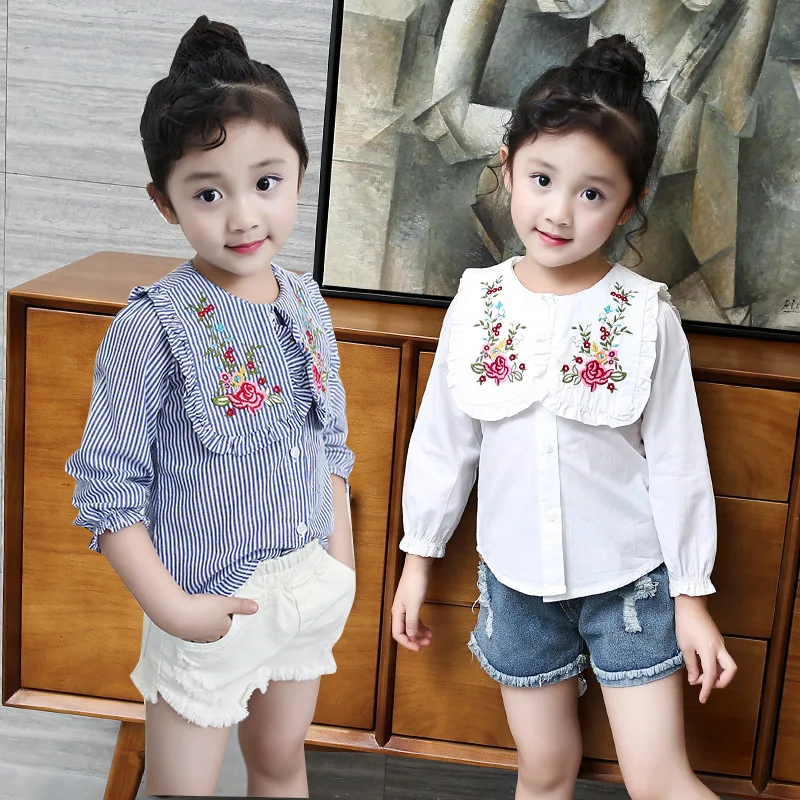 

New Pattern Autumn Normal School Wind Stripe Embroidery Shirt Solid Color Rendering Unlined Upper Garment Kids Clothing Flowers