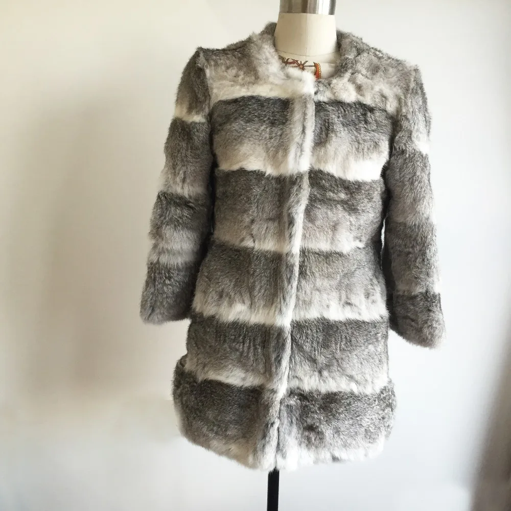 2018 Новая мода 100% натуральный мех кролика пальто в полоску натуральный мех кролика куртка Горячая оптовая продажа с фабрики
