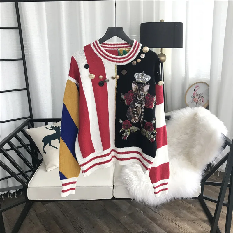 

GRUIICEEN beading decoration contrast top round neck luxury long sleeve loose pullovers women streetwear sweater GY201863