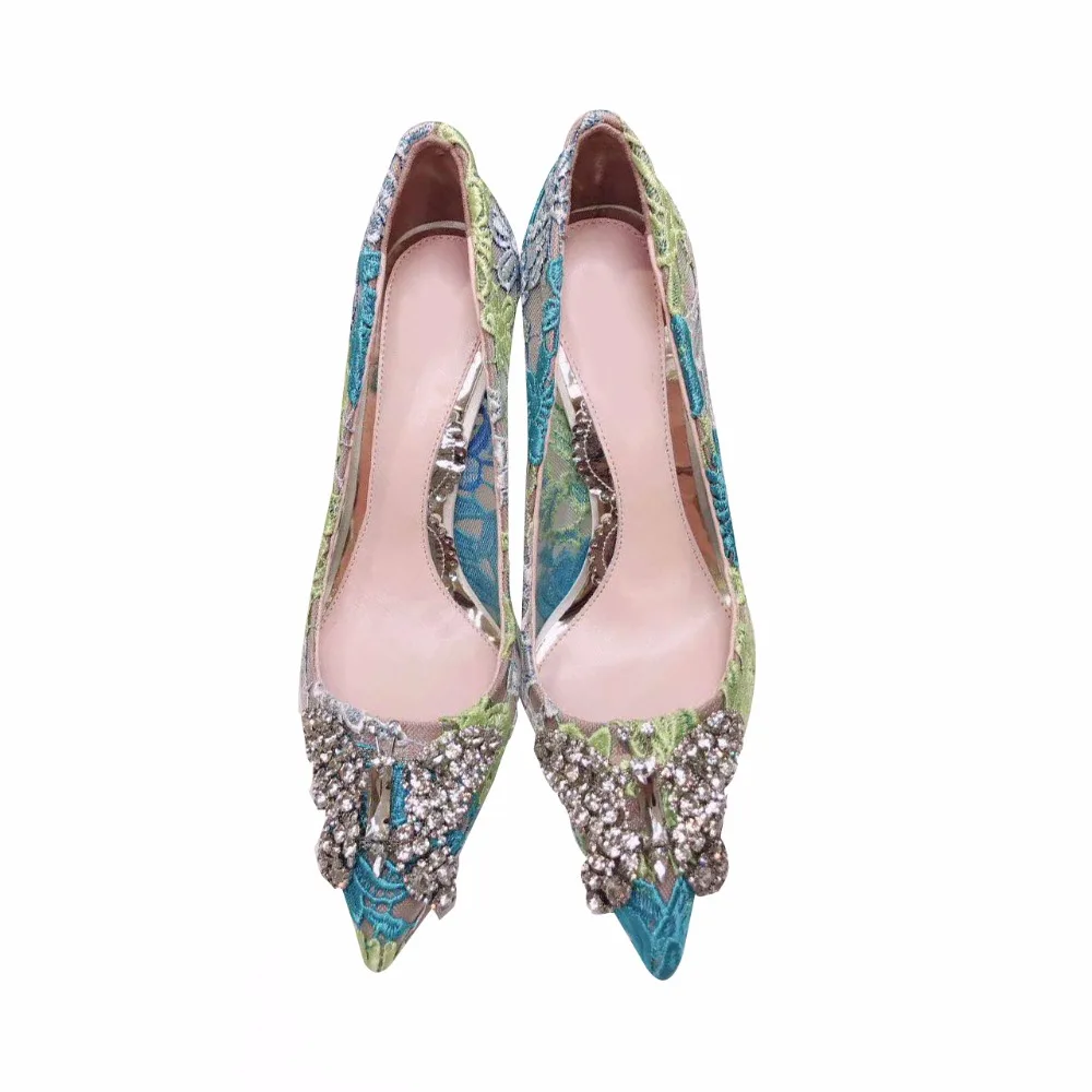 

New Spring Summer Shoes Women Shalllow Pumps Pointed Toe Lace High Heels Pumps Designer Crystal Butterfly Pumps Party Shoes